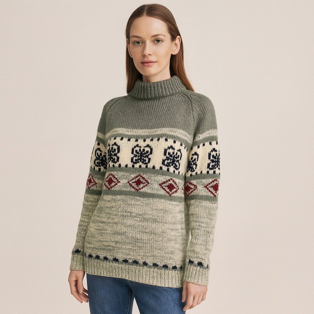 Vintage Fair Isle Knit Sweater Gray Maroon Nordic Alpine Ski Lodge Winter Size M